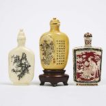 A Group of Three Ivory Snuff Bottles, Early 20th Century, 二十世纪早期 牙雕鼻烟壶一组三件, tallest height 2.8 in —