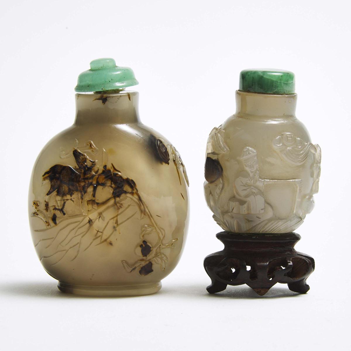 Two Well-Carved Agate Snuff Bottles, Qing Dynasty, 清 玛瑙巧雕鼻烟壶两只, tallest height 3 in — 7.5 cm (2 Piec - Image 2 of 4