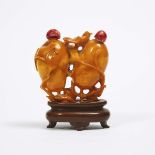 A Rare Carved Amber 'Double-Melon' Snuff Bottle, 19th/20th Century, 十九/二十世纪 琥珀巧雕双瓜纹鼻烟壶, height 2.7 i