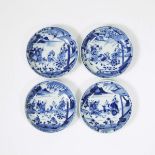 A Set of Four Blue and White Figural Saucer Dishes, Kangxi Period, 17th/18th Century, 康熙 十八世纪 青花人物纹碟