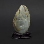 A Mottled White and Russet Jade Boulder, 白玉雕'垂钓高仕'山子, height 5.4 in — 13.7 cm