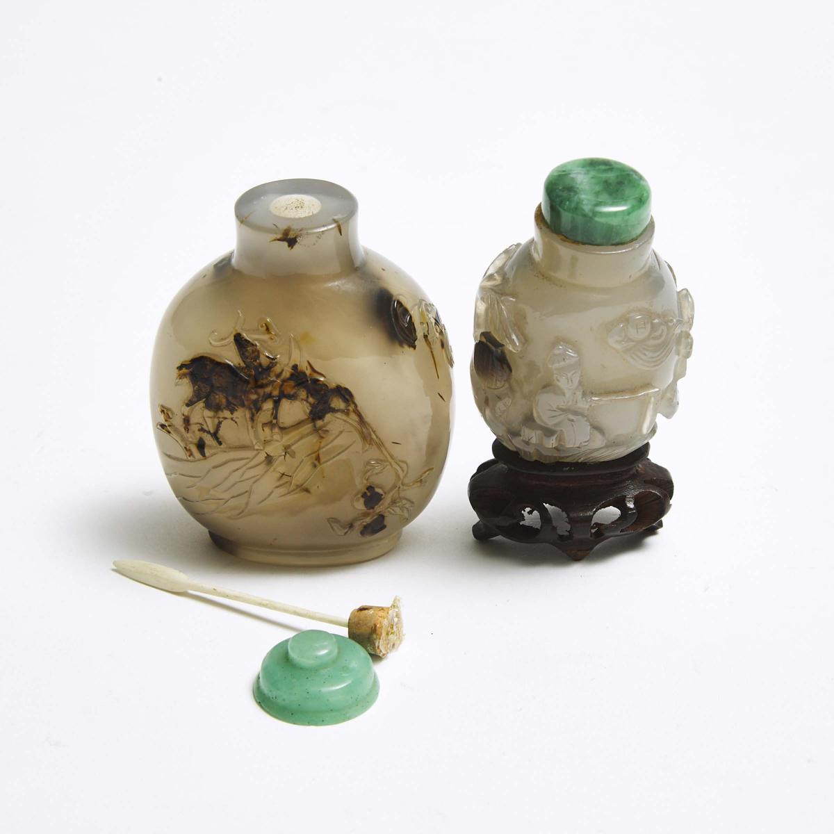 Two Well-Carved Agate Snuff Bottles, Qing Dynasty, 清 玛瑙巧雕鼻烟壶两只, tallest height 3 in — 7.5 cm (2 Piec - Image 3 of 4