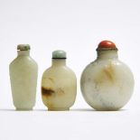 A Group of Three Carved Jade Snuff Bottles, 玉雕鼻烟壶一组三件, height 3.1 in — 8 cm (3 Pieces)