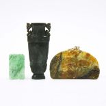 Two Jadeite Plaques, together with a Miniature Spinach Jade Vase, 翡翠雕荷叶纹牌两只 墨玉雕花瓶一组三件, tallest heigh