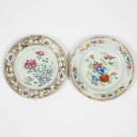 Two Famille Rose Plates with Flowers, 18th Century, 十八世纪 粉彩花卉纹碗两只, diameter 8.9 in — 22.5 cm (2 Piec