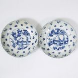 A Pair of Blue and White 'Ladies and Phoenix' Barbed Rim Dishes, Kangxi Period (1662-1722), 清 康熙 外销青