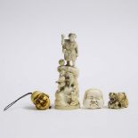 An Ivory Okimono of Momotaro, together with Three Netsuke, Meiji Period, largest height 5.6 in — 14.