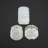 A Group of Three White Jade Plaques, 白玉诗文牌一组三件, longest length 2.7 in — 6.8 cm (3 Pieces)