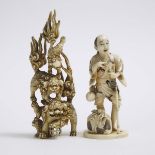 Two Ivory Okimono of Shishis and a Standing Man, Meiji Period, tallest height 5.7 in — 14.6 cm (2 Pi