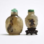 Two Well-Carved Agate Snuff Bottles, Qing Dynasty, 清 玛瑙巧雕鼻烟壶两只, tallest height 3 in — 7.5 cm (2 Piec