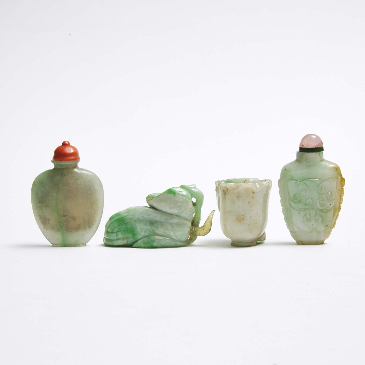 Two Jadeite Snuff Bottles, together with Two Jadeite Carvings, 19th/20th Century, 十九/二十世纪 翡翠鼻烟壶 佛手瓶 - Image 2 of 2