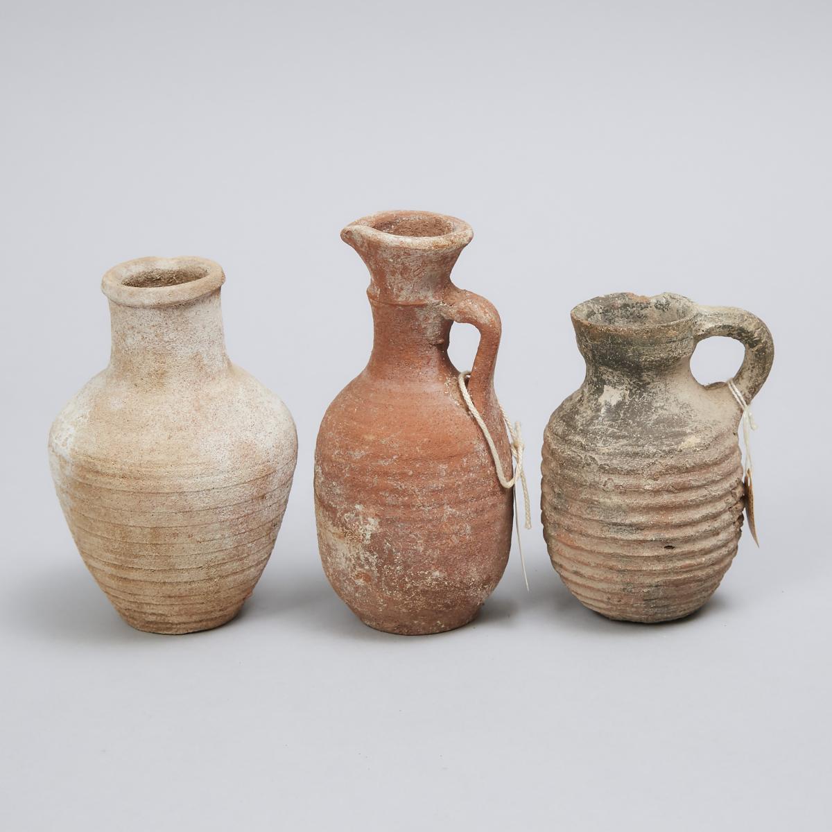 Three Pieces Roman Period Levantine-Holy Land Pottery Ribbed Pottery, 100-200 A.D., various sizes, t