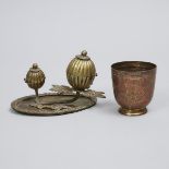 Turkish Ottoman Tombac Melon Form Writing Stand and Cup, 19th century, 4 x 6 in — 10.2 x 15.2 cm