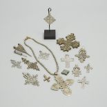 Fifteen Abyssinian/Ethiopian Silver and Silvered Brass Mostly Coptic Pendant Crosses, early-mid 20th