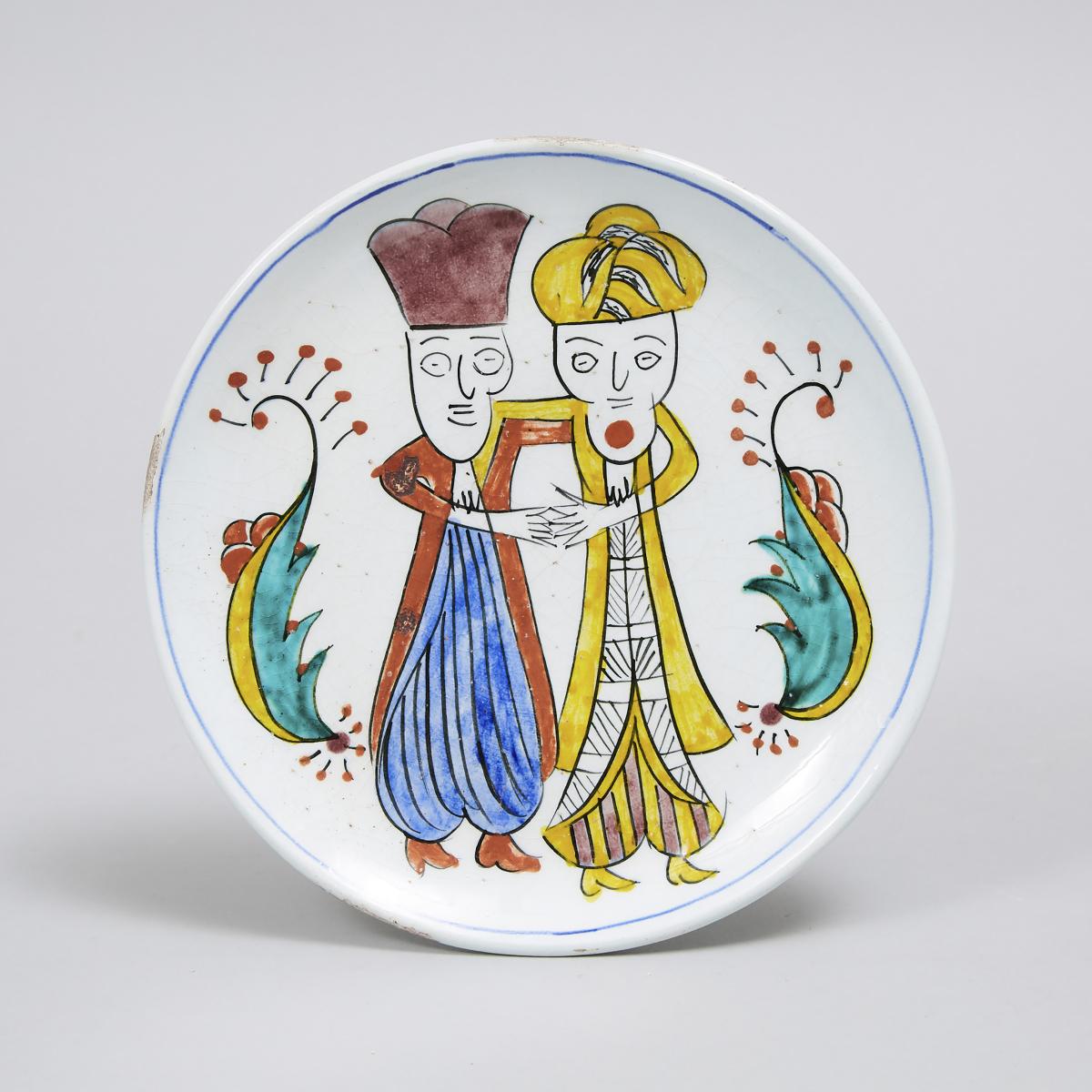 Kutahya Pottery Figural Saucer Dish, Ottoman Anatolia, 18th century, diameter 7.2 in — 18.3 cm