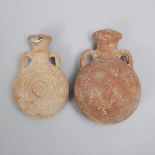 Two Levantine-Holy Land Pottery Pilgrim Flasks, 1000-500 B.C., height 5.6 in — 14.3 cm