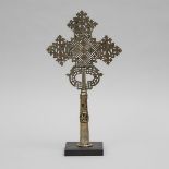Abyssinian/Ethiopian Silvered Brass Coptic Procession Cross, early-mid 20th century, height 14.7 in