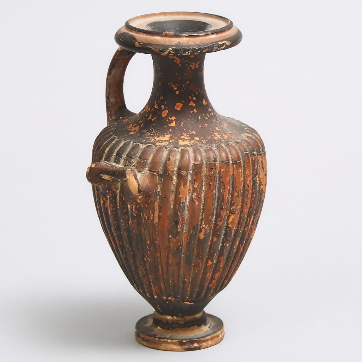 Greek Gnathian Ware Black Glazed Hydria, Southern Italy, 350-300 B.C., height 5.75 in — 14.6 cm - Image 3 of 3