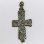 Byzantine Copper Alloy Enkolpion Reliquary Cross Pendant, c. 1100 AD, height 3.75 in — 9.5 cm