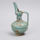 Kashan Turquoise Glazed Fritware Bird-Form Ewer, 12th/13th century, height 9.3 in — 23.5 cm