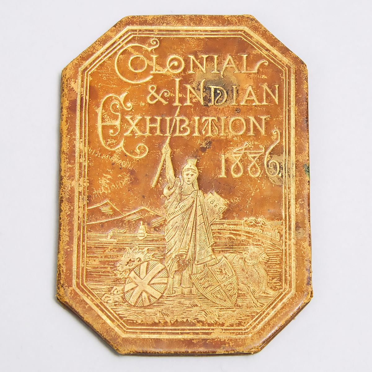 'Colonial & Indian' Exhibition Bi-Fold Presentation Leather Ticket, 1886, closed 2.8 x 2 in — 7.2 x