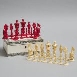 Vizagapatam Cased Ivory Chess Set, 19th/early 20th century, king height 3.5 in — 9 cm; 3.25 x 7.75 x