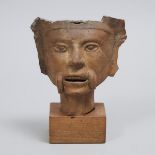 Veracruz Pottery Warrior's Head Fragment, 400 - 700 A.D., overall height 8.75 in — 22.2 cm