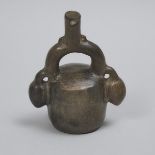 Chimu (Peru) Greyware Pottery Stirrup Spout Vessel, 900-1470 A.D., height 8 in — 20.