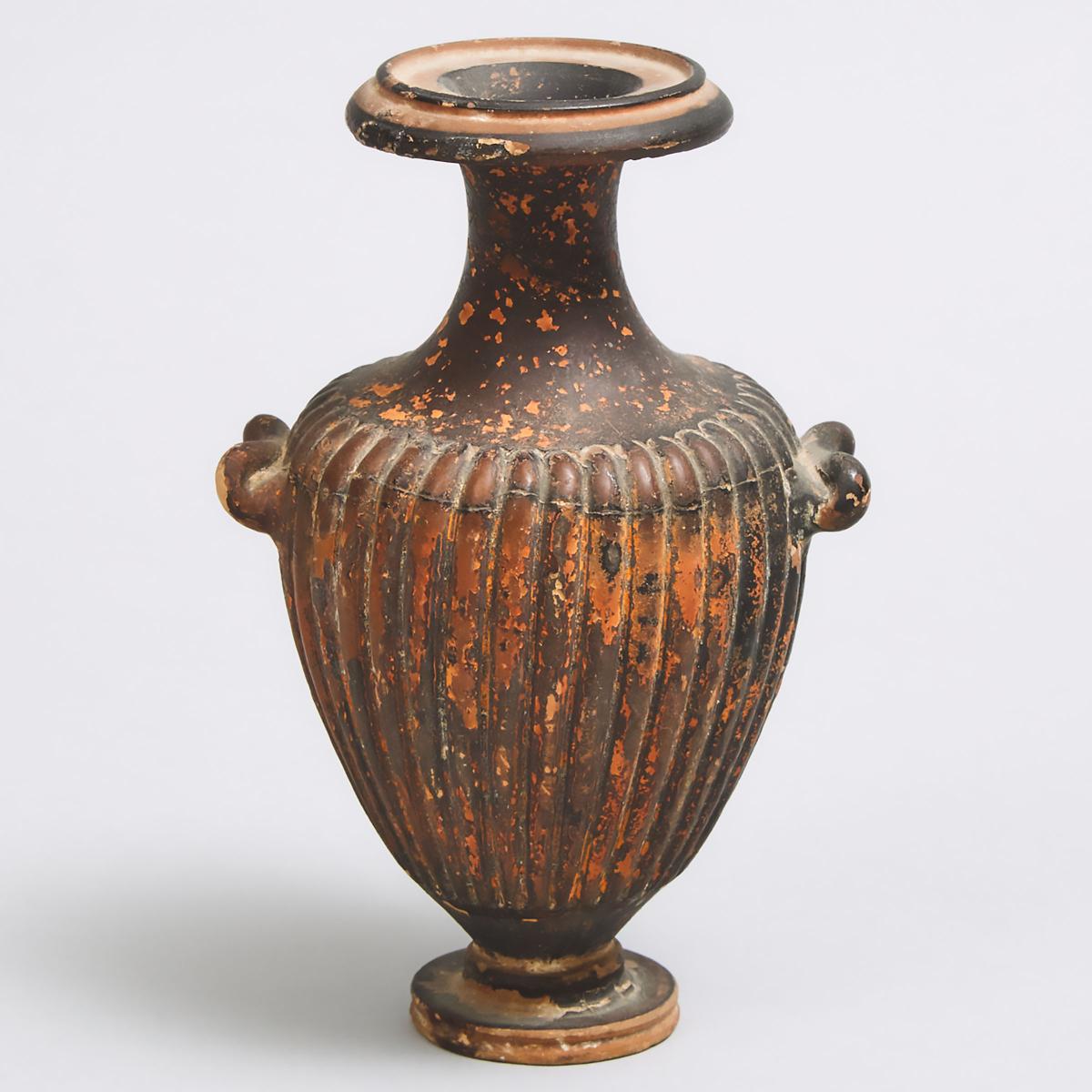 Greek Gnathian Ware Black Glazed Hydria, Southern Italy, 350-300 B.C., height 5.75 in — 14.6 cm - Image 2 of 3