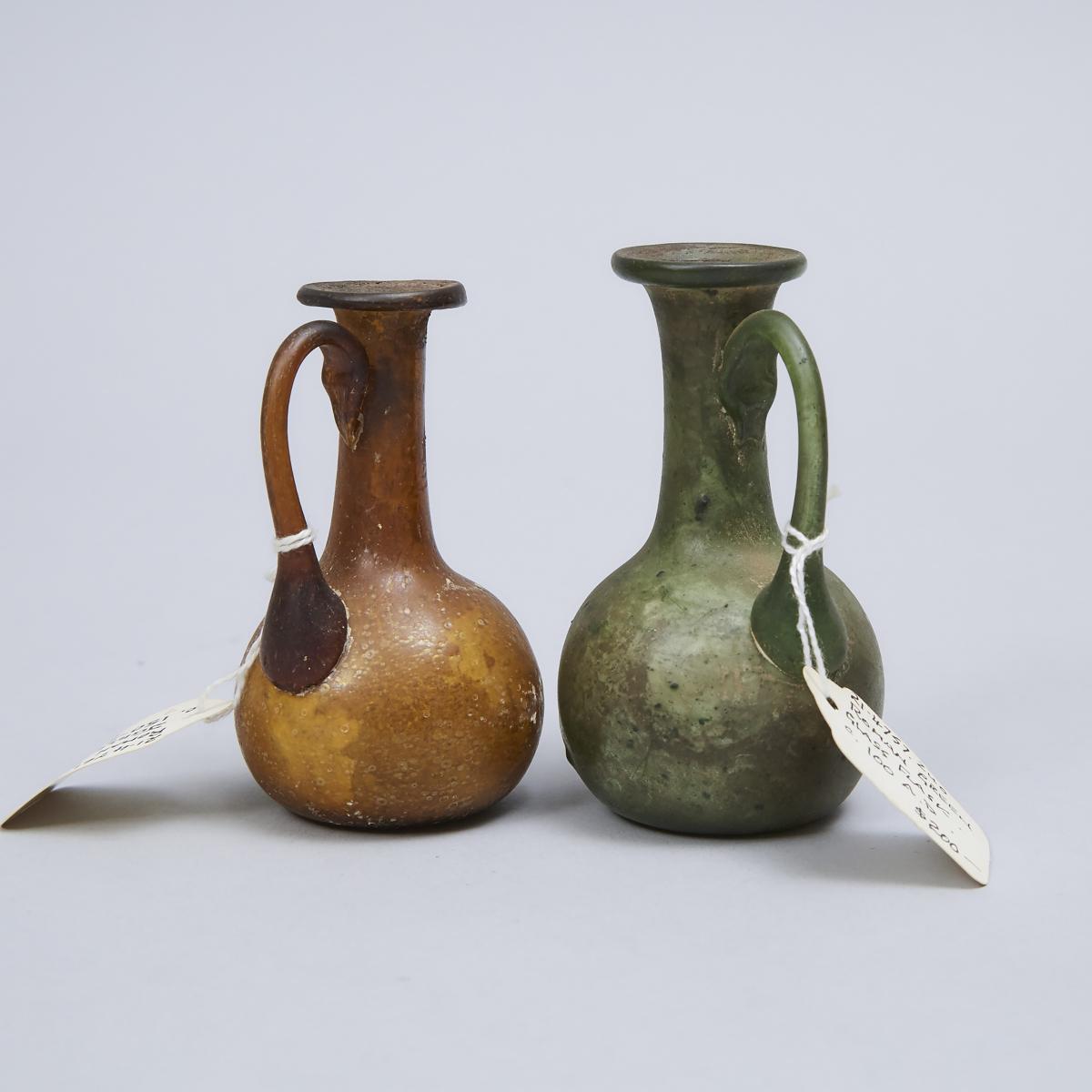 Two Roman Glass Juglets, 100-200 A.D., height 3.7 in — 9.5 cm - Image 2 of 5