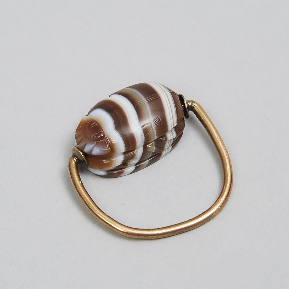 Etruscan Banded Agate Scaraboid Ring, 5th-4th century B.C., stone length .8 in — 2 cm - Image 2 of 3