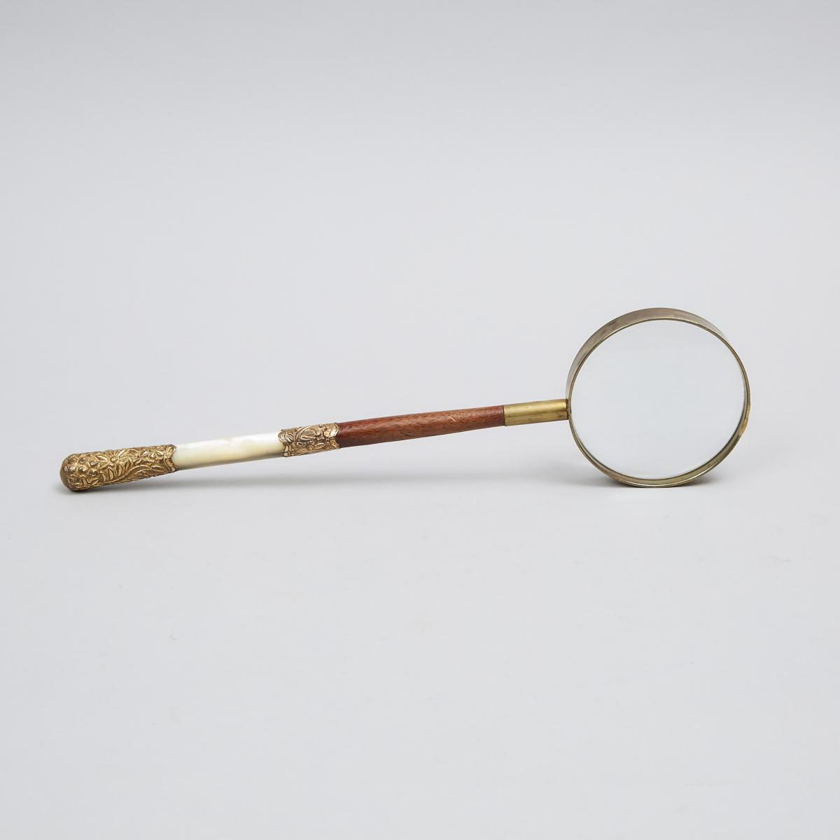 French Gilt Metal and Abalone Mounted Parasol Handled Magnifying Glass, 19th century and later, leng