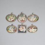 Set of Six Indian Erotic Miniature Pictures, 20th century, oval width 1.6 in — 4.1 cm (6 Pieces)