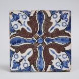 Persian Blue and Brown Flowered Pottery Tile, Syria, 18th/19th century, 8 x 8 in — 20.3 x 20.3 cm