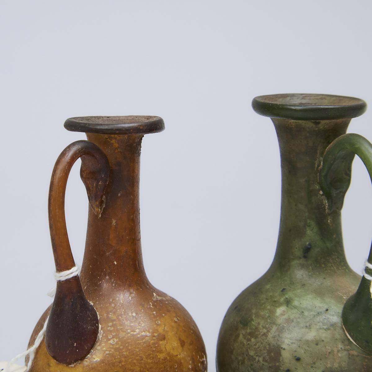 Two Roman Glass Juglets, 100-200 A.D., height 3.7 in — 9.5 cm - Image 3 of 5