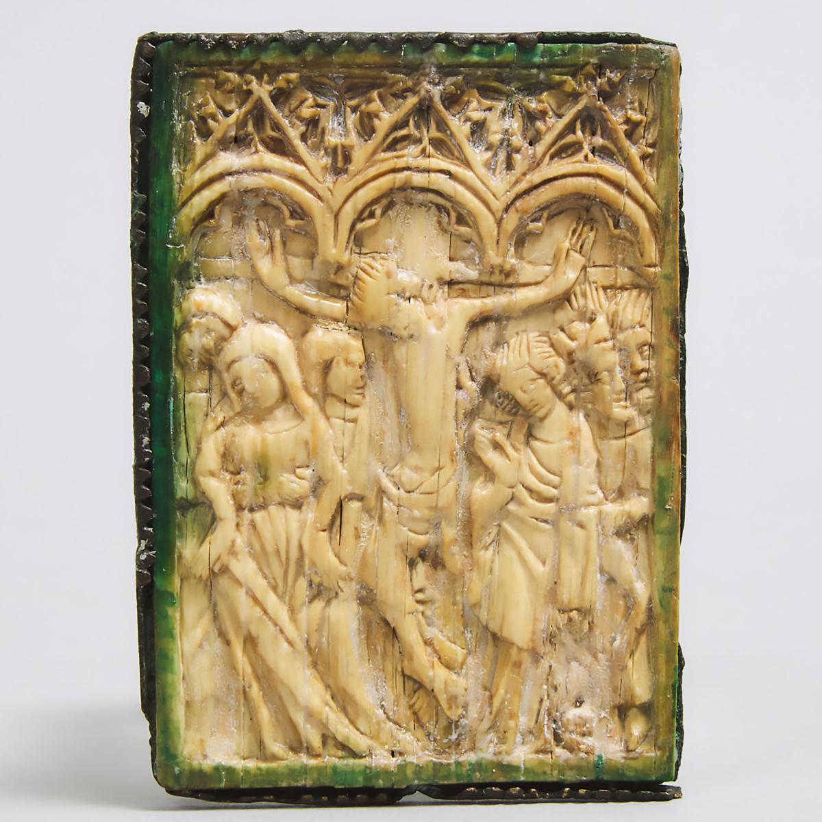 French Gothic Relief Carved Ivory Panel of the Crucifixion, 14th century, 3 x 2.2 in — 7.5 x 5.5 cm
