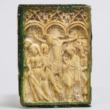 French Gothic Relief Carved Ivory Panel of the Crucifixion, 14th century, 3 x 2.2 in — 7.5 x 5.5 cm