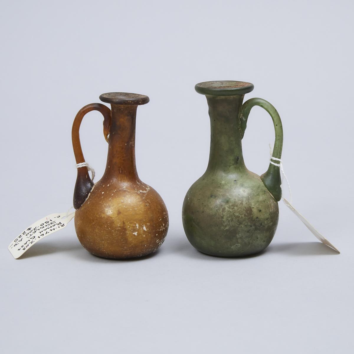 Two Roman Glass Juglets, 100-200 A.D., height 3.7 in — 9.5 cm