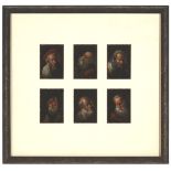 Set of Six Dutch School Portrait Miniatures of Apostles Painted on Playing Cards, c.1700, 3.3 x 2.3
