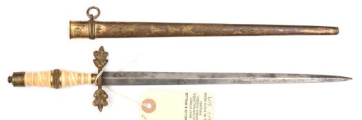 A late 18th Cent Naval officer’s dirk, slender diamond section blade 9½”, retaining a little foliate