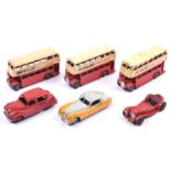 6 Dinky Toys. Austin Somerset Saloon (161) in red with red wheels. A Jaguar XK120 (157) in yellow