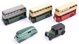 5 Dinky Toys public transport vehicles. 3x double deck buses. 2 AEC with cutaway mudguards, dark