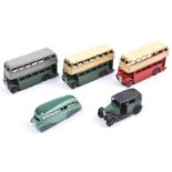 5 Dinky Toys public transport vehicles. 3x double deck buses. 2 AEC with cutaway mudguards, dark