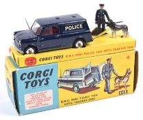 Corgi Toys B.M.C. Mini Police Van With Tracker Dog (448). In dark blue with red interior, POLICE
