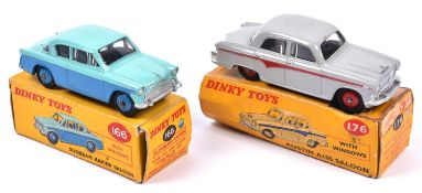 2 Dinky Toys. Sunbeam Rapier Saloon (166). With blue lower and turquoise upper body. Blue wheels.