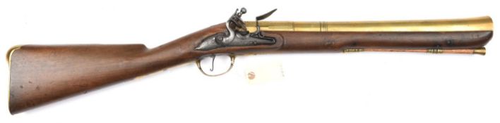 A late 17th century brass barrelled flintlock blunderbuss, by Bleiberg, re-stocked probably in the