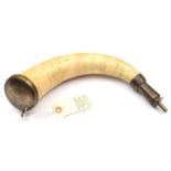 A powder horn of the Percy Tenantry, white horn body, brass scoop nozzle (spring catch missing),