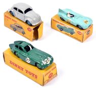 3 Dinky Toys. Jaguar D Type (238). In turquoise with dark blue interior, RN34, with mid blue wheels.