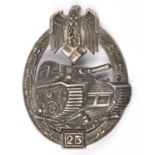 A Third Reich Panzer Assault badge for 25 engagements, of grey metal with round wire pin. GC (no