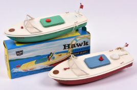 2 Sutcliffe clockwork tinplate boats. A HAWK speed boat/motor launch. In white and green, complete